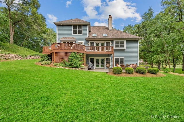 6407 Kingsbridge Dr, Cary, IL 60013 - back of property featuring french doors, a deck, a chimney, and a lawn
