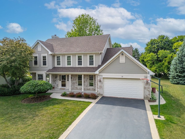 12 White Oak Ct, Algonquin, IL 60102 - traditional home featuring covered porch, driveway, a garage, a shingled roof, and a front yard
