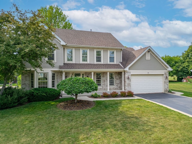 12 White Oak Ct, Algonquin, IL 60102 - traditional-style house featuring an attached garage, driveway, brick siding, roof with shingles, and a front yard