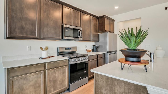 506 Adirondack Dr, Joliet, IL 60436 - kitchen featuring appliances with stainless steel finishes, light countertops, light wood-type flooring, dark brown cabinetry, and recessed lighting