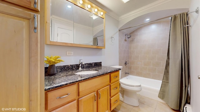 6333 N Milwaukee Ave Unit 2E, Chicago, IL 60646 - bathroom featuring ornamental molding, vanity, tile patterned flooring, shower / bath combo, and baseboard heating