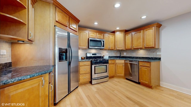 6333 N Milwaukee Ave Unit 2E, Chicago, IL 60646 - kitchen featuring stainless steel appliances, open shelves, light wood finished floors, backsplash, and recessed lighting
