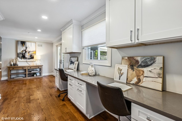 301 E 59th St, Hinsdale, IL 60521 - home office featuring built in study area, recessed lighting, dark wood finished floors, and crown molding