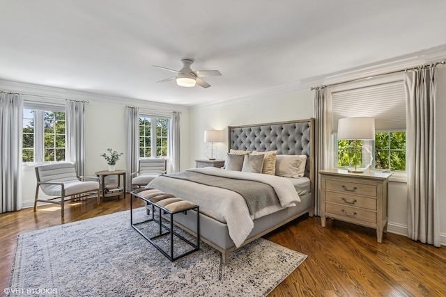 301 E 59th St, Hinsdale, IL 60521 - bedroom with ornamental molding, dark wood-style flooring, and ceiling fan