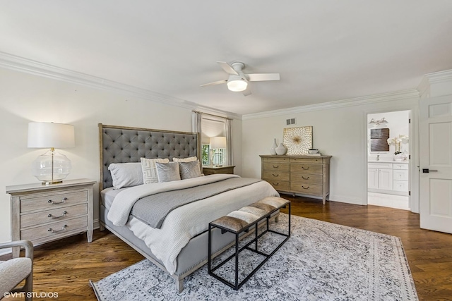 301 E 59th St, Hinsdale, IL 60521 - bedroom with ornamental molding, wood finished floors, a ceiling fan, and ensuite bath