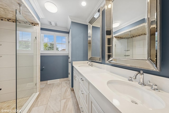 301 E 59th St, Hinsdale, IL 60521 - bathroom featuring crown molding, a tile shower, double vanity, and marble look tile flooring