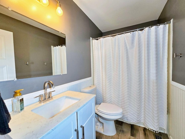 2440 Pebblewood Ct, Aurora, IL 60506 - bathroom featuring a wainscoted wall, vanity, and wood finished floors