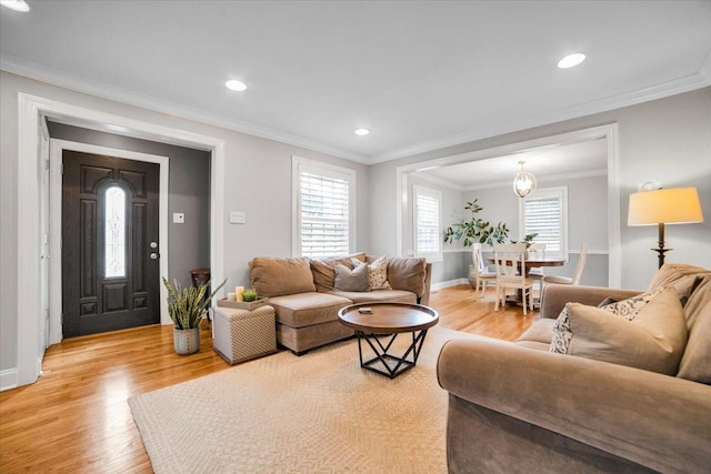 3976 Western Ave, Western Springs, IL 60558 - living area with light wood-style flooring, recessed lighting, and crown molding