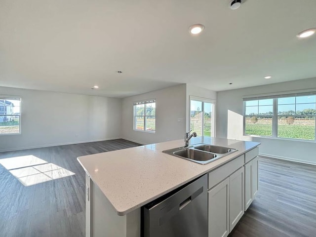 3719 Monte Carlo Way, Joliet, IL 60436 - kitchen with dishwasher, recessed lighting, dark wood-style floors, a kitchen island with sink, and white cabinetry