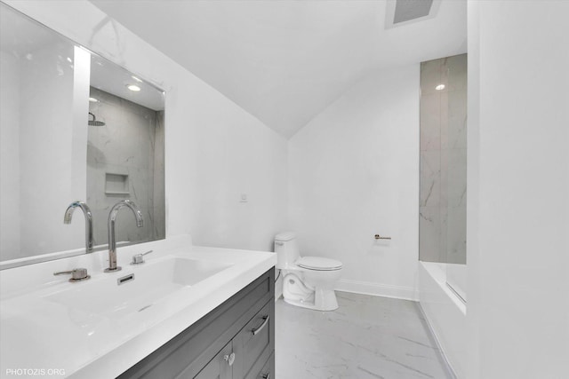 6100 W Byron St, Chicago, IL 60634 - full bath featuring marble finish floors, vanity, vaulted ceiling, and  shower combination