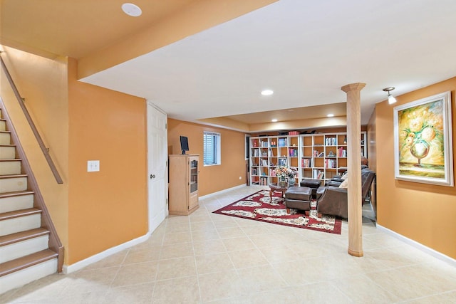 1531 Cumberland Pkwy, Algonquin, IL 60102 - living area featuring stairs, decorative columns, recessed lighting, and light tile patterned floors