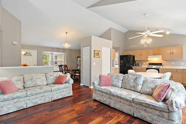 1531 Cumberland Pkwy, Algonquin, IL 60102 - living room featuring high vaulted ceiling, dark wood-style flooring, a chandelier, and a ceiling fan