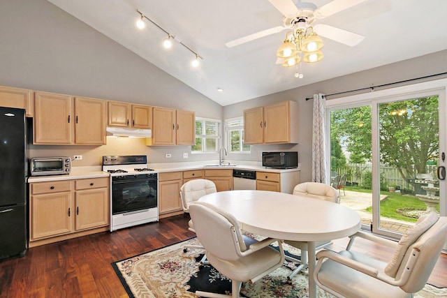 1531 Cumberland Pkwy, Algonquin, IL 60102 - kitchen featuring black appliances, light brown cabinets, under cabinet range hood, light countertops, and high vaulted ceiling