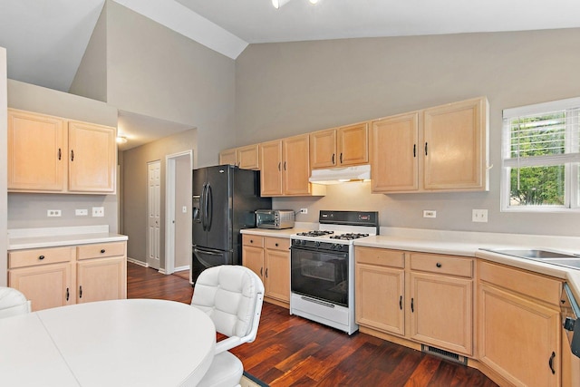 1531 Cumberland Pkwy, Algonquin, IL 60102 - kitchen with light brown cabinetry, white range with gas cooktop, under cabinet range hood, black fridge with ice dispenser, and dark wood-style floors