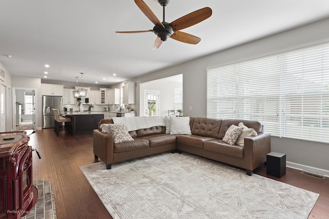 25313 W Rock Dr, Plainfield, IL 60586 - living area featuring a ceiling fan, wood finished floors, and recessed lighting