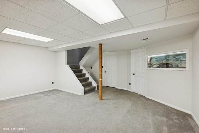 82 Hickory Ln, Cary, IL 60013 - finished basement with carpet, stairs, and a drop ceiling