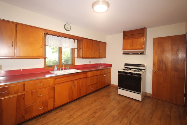 328 Dwight Ave, Joliet, IL 60436 - kitchen featuring white range with gas cooktop, under cabinet range hood, brown cabinetry, and wood finished floors