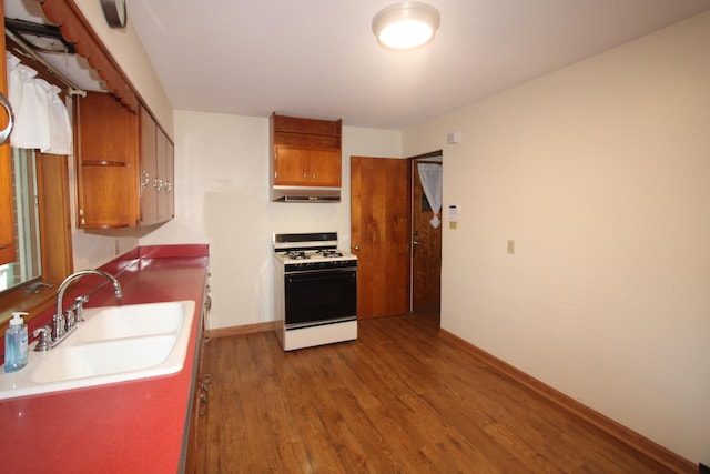 328 Dwight Ave, Joliet, IL 60436 - kitchen featuring gas range gas stove, under cabinet range hood, wood finished floors, and brown cabinets