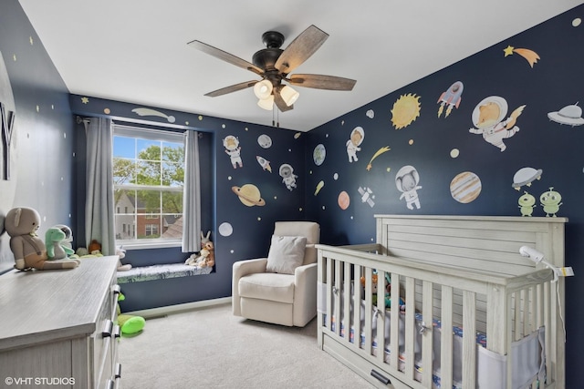 527 Capital Ln, Gurnee, IL 60031 - bedroom featuring carpet flooring, a nursery area, ceiling fan, and wallpapered walls