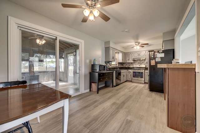 3917 Jonathan Simpson Dr, Joliet, IL 60431 - kitchen featuring stainless steel appliances, a ceiling fan, decorative backsplash, light wood-type flooring, and under cabinet range hood