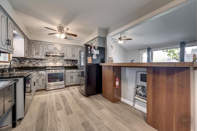 3917 Jonathan Simpson Dr, Joliet, IL 60431 - kitchen featuring appliances with stainless steel finishes, under cabinet range hood, ceiling fan, and gray cabinets