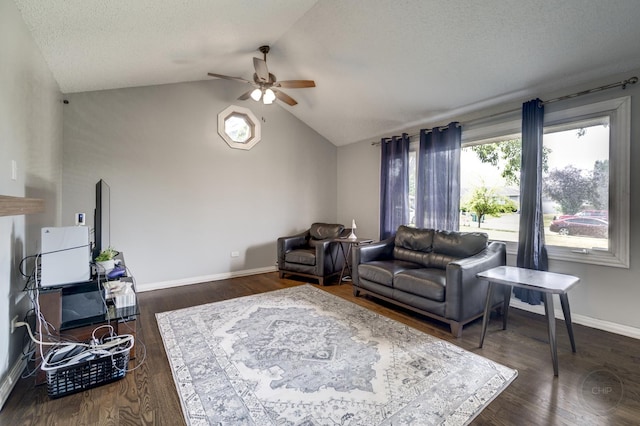 3917 Jonathan Simpson Dr, Joliet, IL 60431 - living area with ceiling fan, lofted ceiling, dark wood-style floors, and a textured ceiling