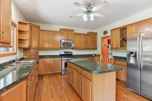 2708 High Meadow Rd, Naperville, IL 60564 - kitchen with appliances with stainless steel finishes, open shelves, ceiling fan, and light wood-type flooring