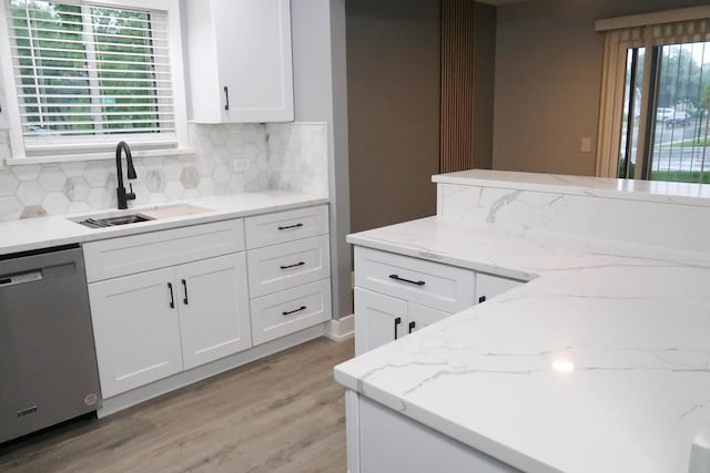 369 Ferndale Ct Unit B1, Schaumburg, IL 60193 - kitchen featuring dishwasher, light wood finished floors, decorative backsplash, white cabinetry, and light stone counters