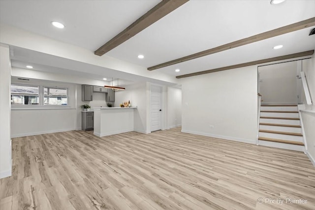 215 Brighton Rd, Elk Grove Village, IL 60007 - unfurnished living room with beamed ceiling, stairway, light wood finished floors, and recessed lighting