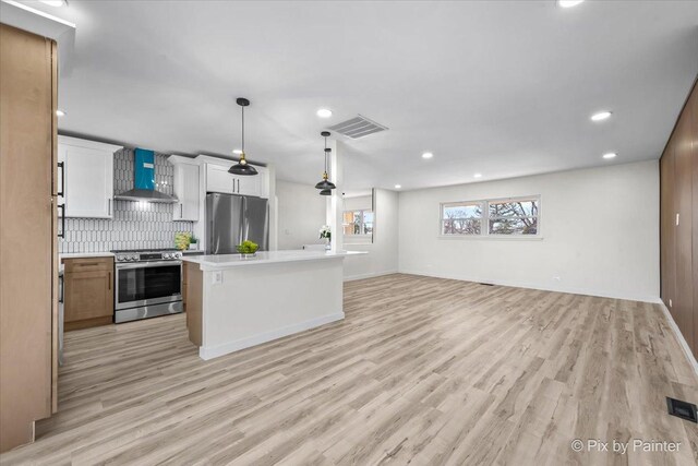 215 Brighton Rd, Elk Grove Village, IL 60007 - kitchen with stainless steel appliances, open floor plan, wall chimney range hood, light wood-style floors, and backsplash