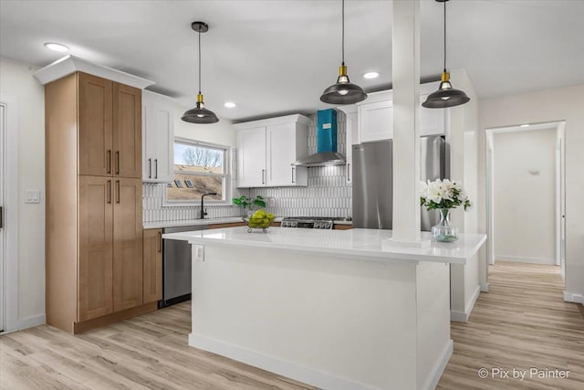 215 Brighton Rd, Elk Grove Village, IL 60007 - kitchen with wall chimney exhaust hood, stainless steel appliances, backsplash, light countertops, and recessed lighting