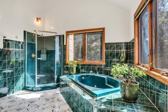 195 Hollow Way, Ingleside, IL 60041 - bathroom with a stall shower, a whirlpool tub, vaulted ceiling, and tile walls