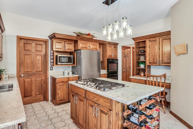 195 Hollow Way, Ingleside, IL 60041 - kitchen featuring open shelves, stainless steel appliances, brown cabinetry, pendant lighting, and a kitchen island