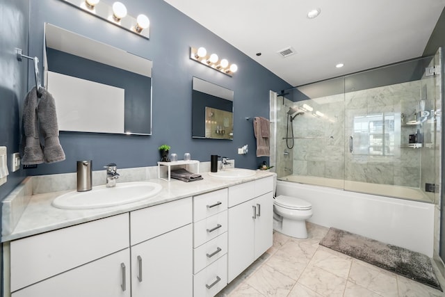 860 W Blackhawk St Unit 2106, Chicago, IL 60642 - full bath with double vanity, enclosed tub / shower combo, marble look tile flooring, and recessed lighting