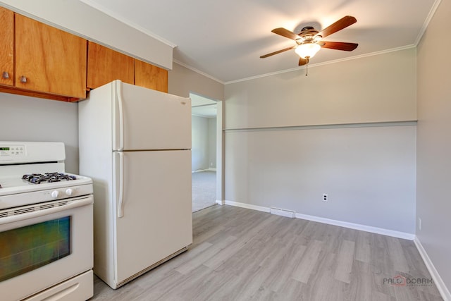 2422 E Grand Ave, Lindenhurst, IL 60046 - kitchen with white appliances, light wood-style flooring, a ceiling fan, crown molding, and brown cabinetry