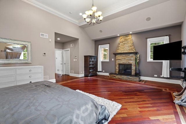 11010 W 131st St, Palos Park, IL 60464 - bedroom with a chandelier, ornamental molding, wood finished floors, multiple windows, and a fireplace