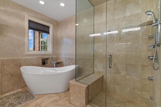 11010 W 131st St, Palos Park, IL 60464 - full bathroom featuring a soaking tub, a shower stall, tile walls, tile patterned flooring, and recessed lighting