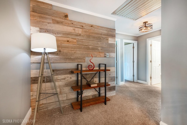 21W724 Park Ave, Lombard, IL 60148 - hall with carpet floors, ornamental molding, and wood walls