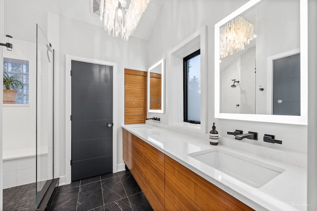 5401 Carpenter St, Downers Grove, IL 60515 - full bathroom with marble look tiles, a chandelier, double vanity, and walk in shower