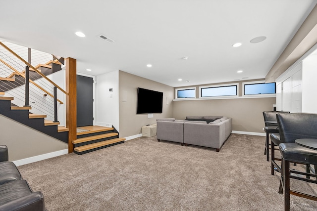 5401 Carpenter St, Downers Grove, IL 60515 - living room featuring light colored carpet, recessed lighting, and stairs