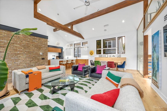 5401 Carpenter St, Downers Grove, IL 60515 - living area with light wood-style flooring, beam ceiling, high vaulted ceiling, brick wall, and ceiling fan