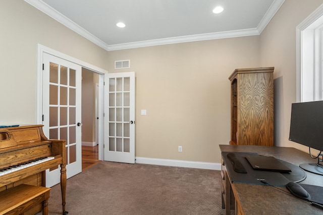 409 London Way, Savoy, IL 61874 - carpeted office space with french doors, ornamental molding, and recessed lighting