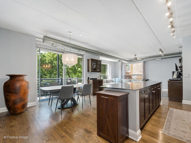 1100 W Montrose Ave Unit 207, Chicago, IL 60613 - kitchen featuring wood finished floors, dark brown cabinetry, a center island, pendant lighting, and open floor plan