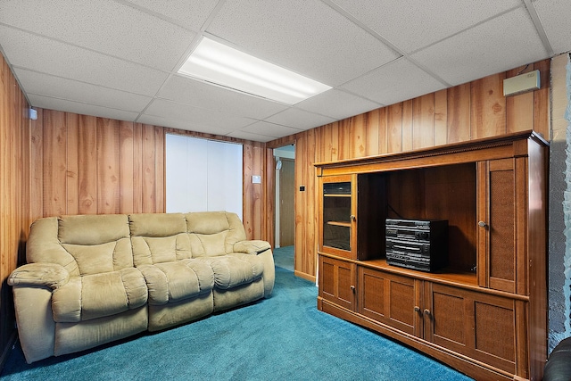 3806 168th St, Country Club Hills, IL 60478 - living room featuring a drop ceiling, wood walls, and carpet flooring