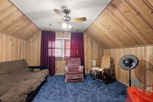 3806 168th St, Country Club Hills, IL 60478 - sitting room featuring wooden walls, vaulted ceiling, carpet flooring, and a ceiling fan