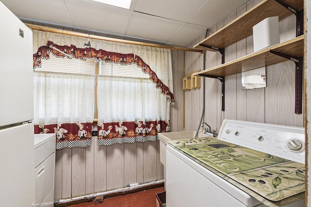 3806 168th St, Country Club Hills, IL 60478 - kitchen featuring washer / clothes dryer, freestanding refrigerator, open shelves, and light countertops