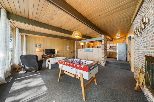 309 Holiday Dr, Lake Holiday, IL 60552 - recreation room featuring a wooden ceiling with exposed beams, a fireplace, and wooden walls