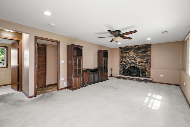 22939 E Dr, Richton Park, IL 60471 - unfurnished living room featuring light colored carpet, recessed lighting, ceiling fan, and a fireplace