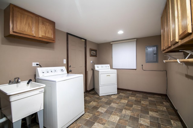22939 E Dr, Richton Park, IL 60471 - washroom featuring independent washer and dryer, cabinet space, stone finish flooring, electric panel, and recessed lighting