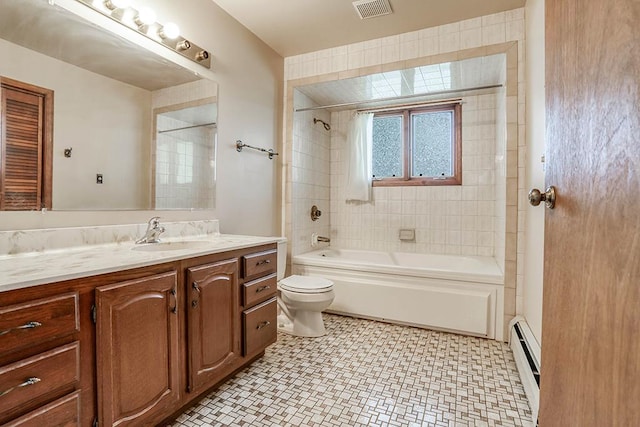 1310 Vinewood Ave, Willow Springs, IL 60480 - full bathroom featuring a baseboard heating unit, vanity, shower / bath combination, and tile patterned floors